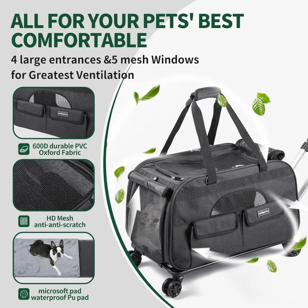 Portable Pet Carrier with Wheels,  Pet Carrier with Telescopic Handle and Shoulder StraFoldable Pet Travel Bag.