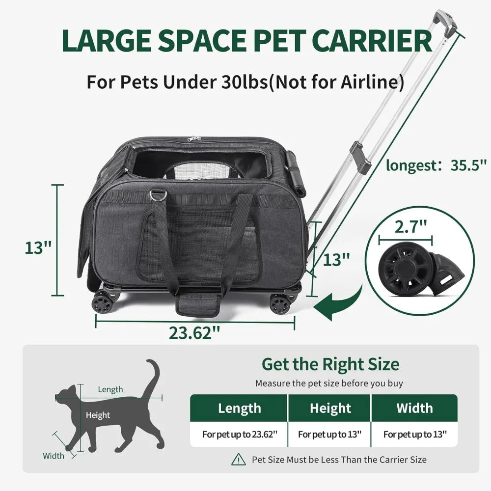 Portable Pet Carrier with Wheels,  Pet Carrier with Telescopic Handle and Shoulder StraFoldable Pet Travel Bag.