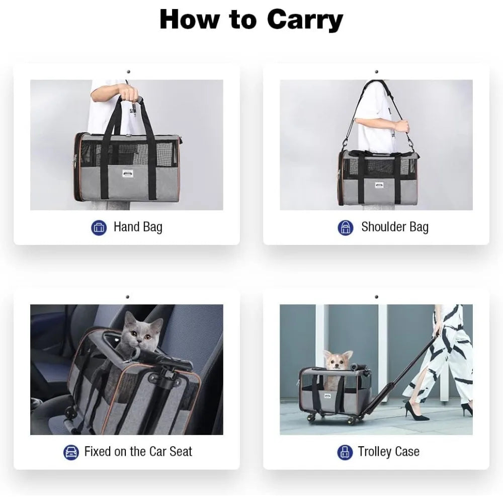 Portable Pet Carrier with Wheels,  Pet Carrier with Telescopic Handle and Shoulder Strap, Pet Carrier.