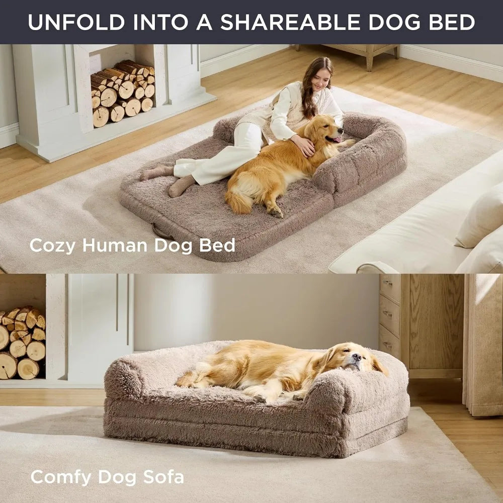 2 in 1 Calming Human Size Giant Dog Bed Fits Pet Families With Egg Foam Supportive Mat and Waterproof Liner Camel Mattresses