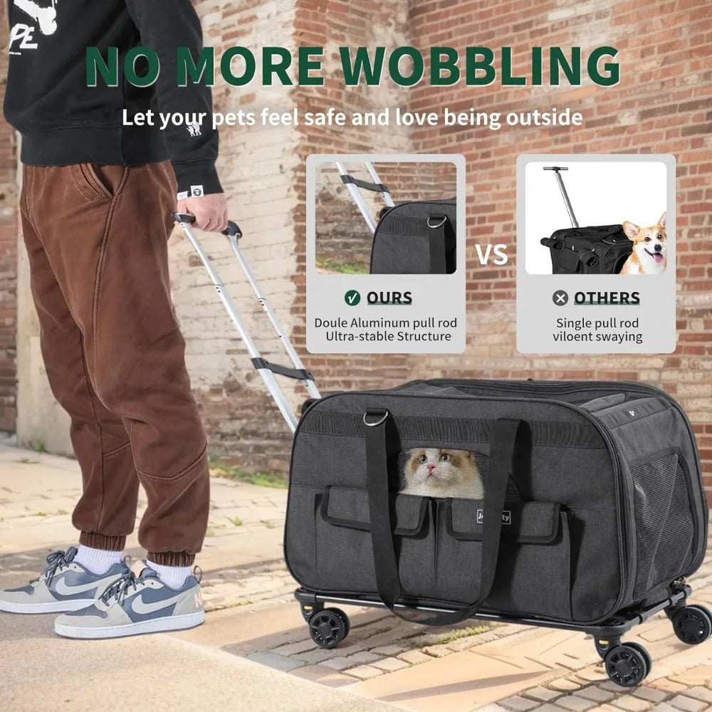 Portable Pet Carrier with Wheels,  Pet Carrier with Telescopic Handle and Shoulder StraFoldable Pet Travel Bag.