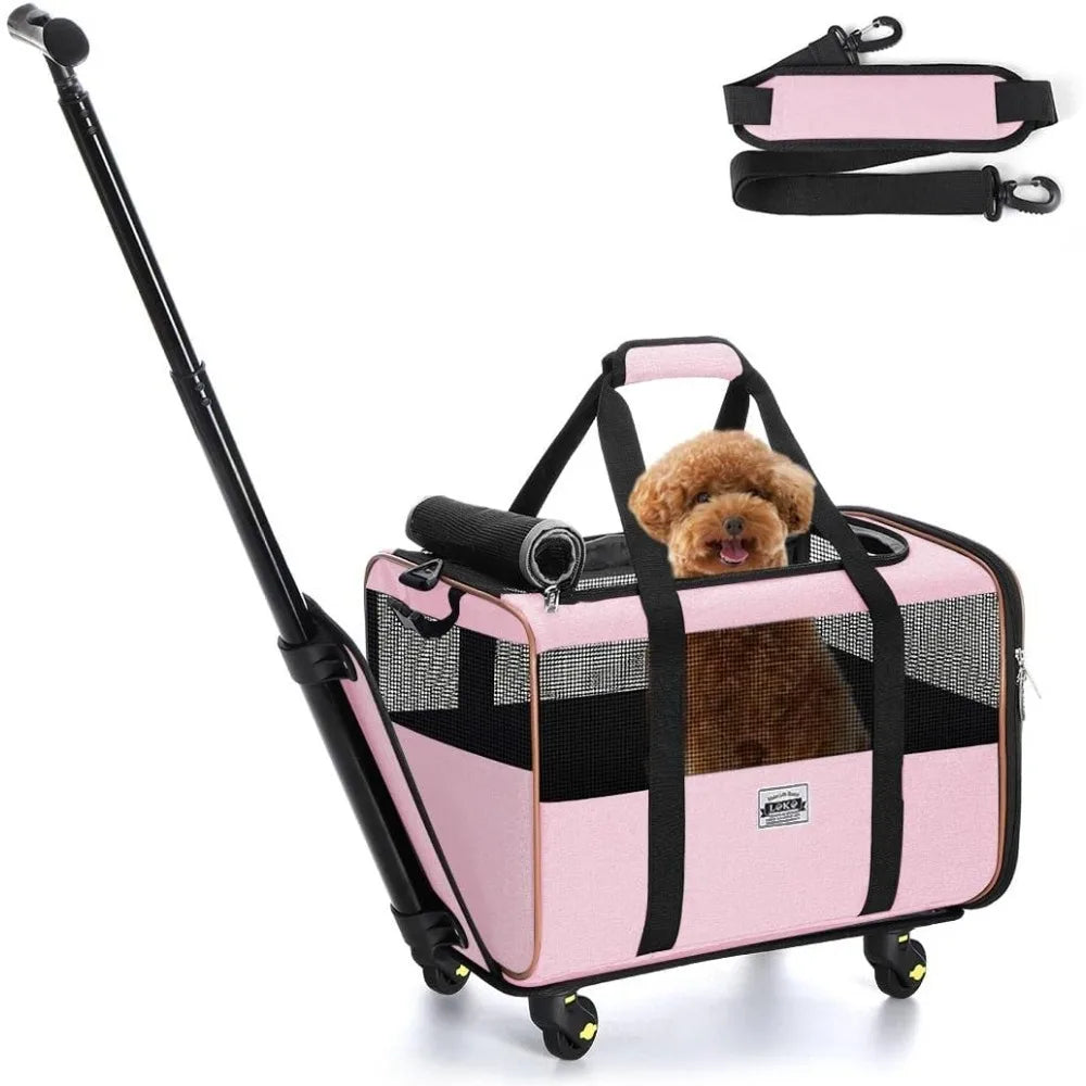 Portable Pet Carrier with Wheels,  Pet Carrier with Telescopic Handle and Shoulder Strap, Pet Carrier.