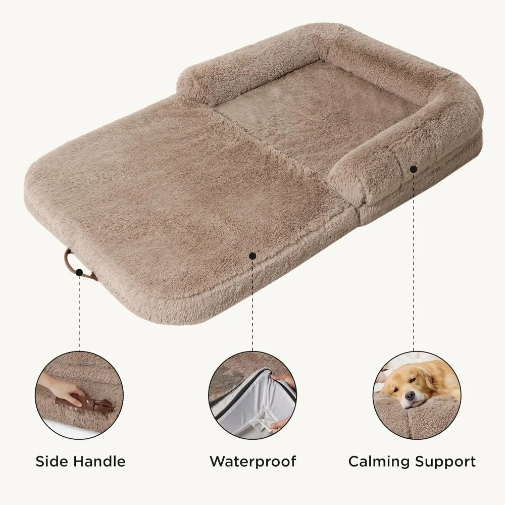 2 in 1 Calming Human Size Giant Dog Bed Fits Pet Families With Egg Foam Supportive Mat and Waterproof Liner Camel Mattresses